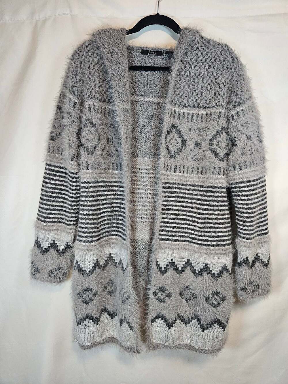 Love Ever After Gray Fuzzy Eyelash Knit Open Front Hooded Cardigan Sweater